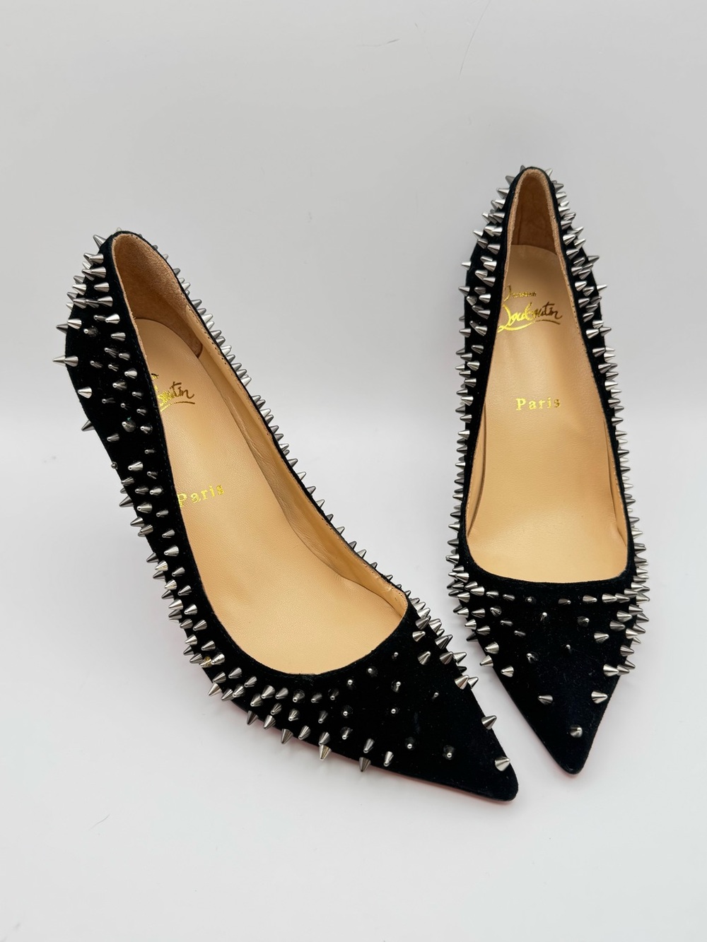 Christian Louboutin Escarpic 100 Studded Spike Pumps Black Suede Sz 38